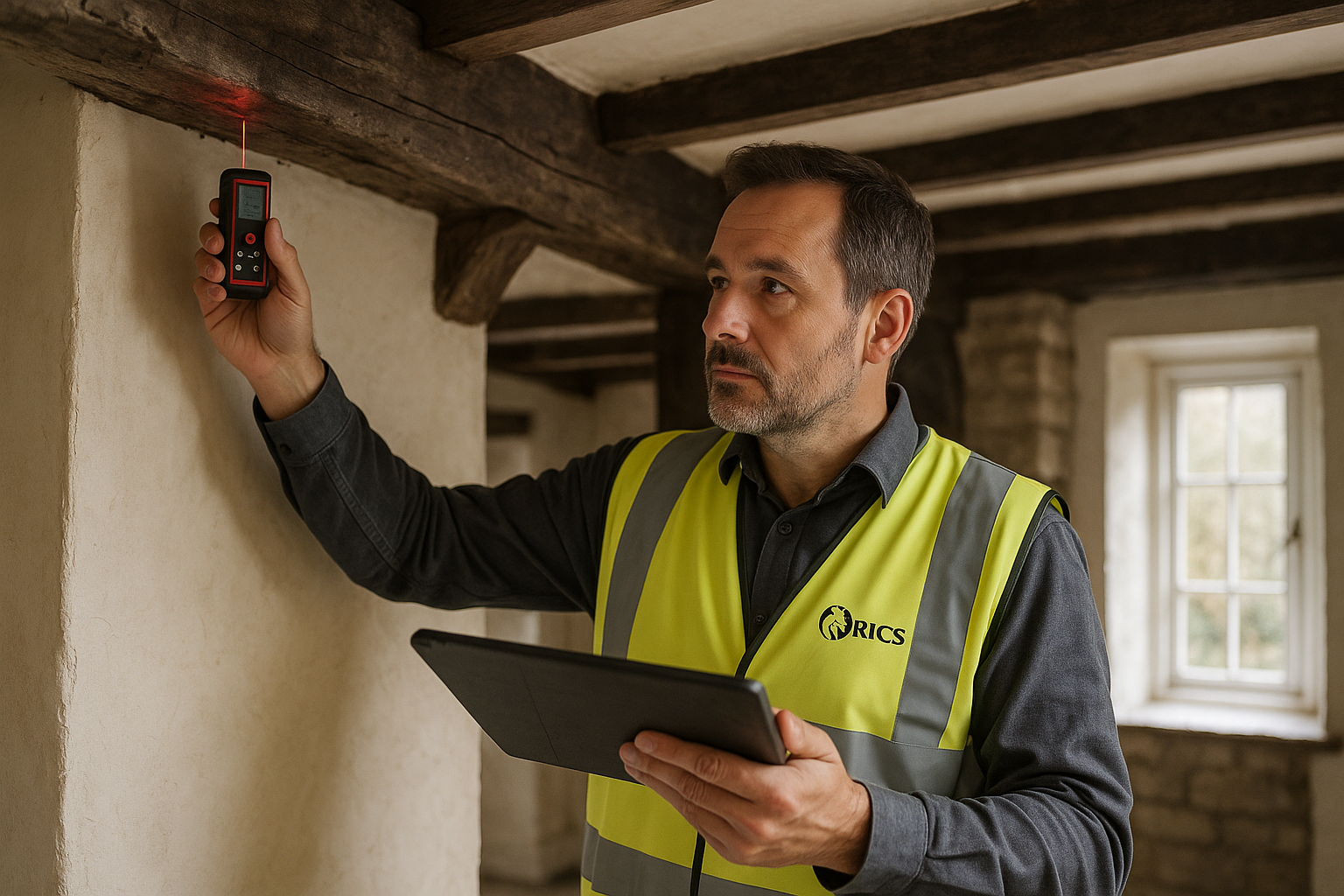 Professional RICS surveyor conducting detailed building survey inside period property