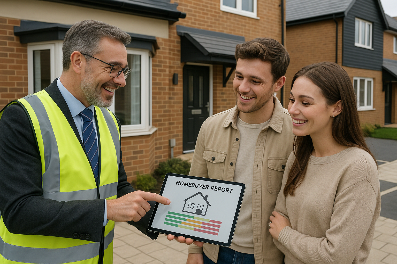 Norwich Surveyor explaining homebuyer report to young couple outside their Norfolk property