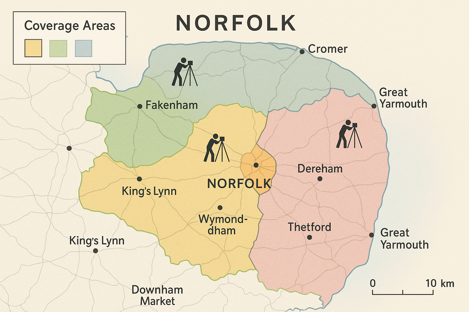 Professional map showing Norwich Surveyors coverage across Norfolk and Suffolk