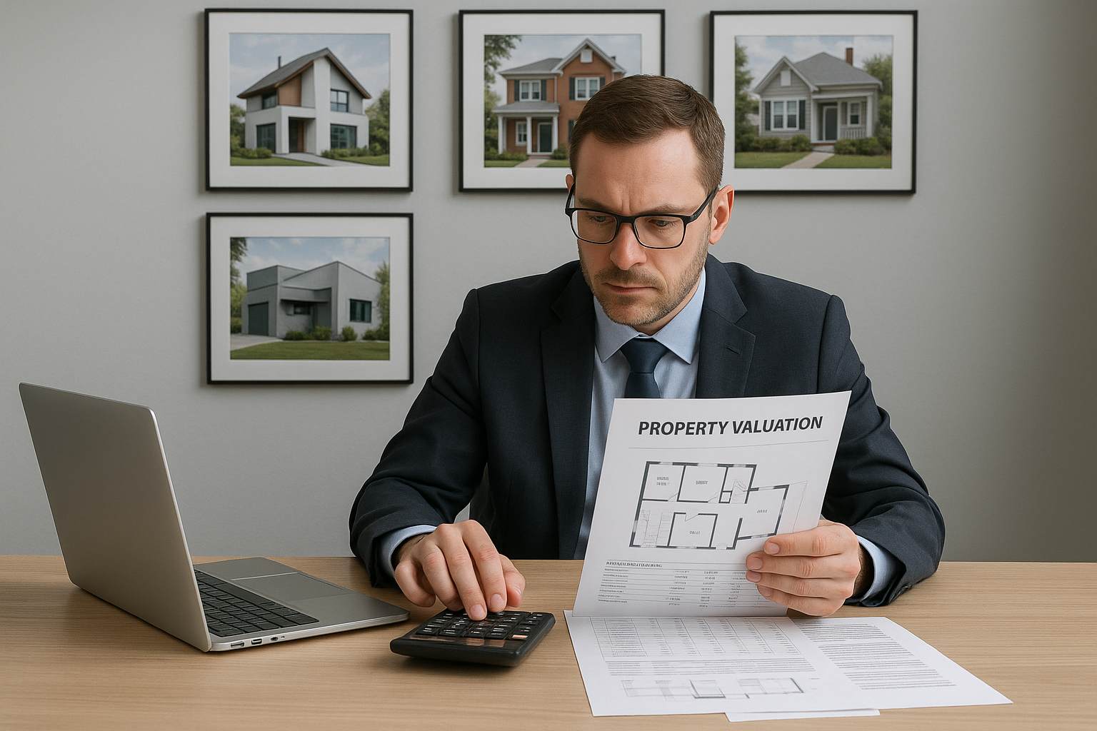 Professional surveyor conducting property valuation with documents and comparable sales data
